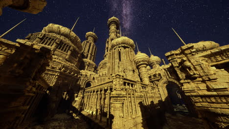 enormous ancient cityscape under a starry night sky with intricate architecture