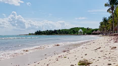 beautiful beach in tulum near cancun mexico with small waves, palm trees, blue sky and some clouds