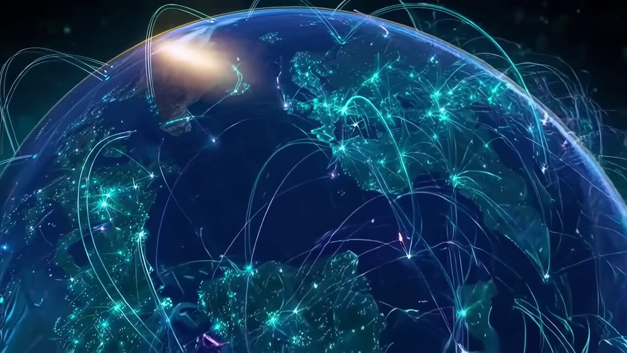 Aerial video view of Earth with glowing network lines, showcasing global connectivity