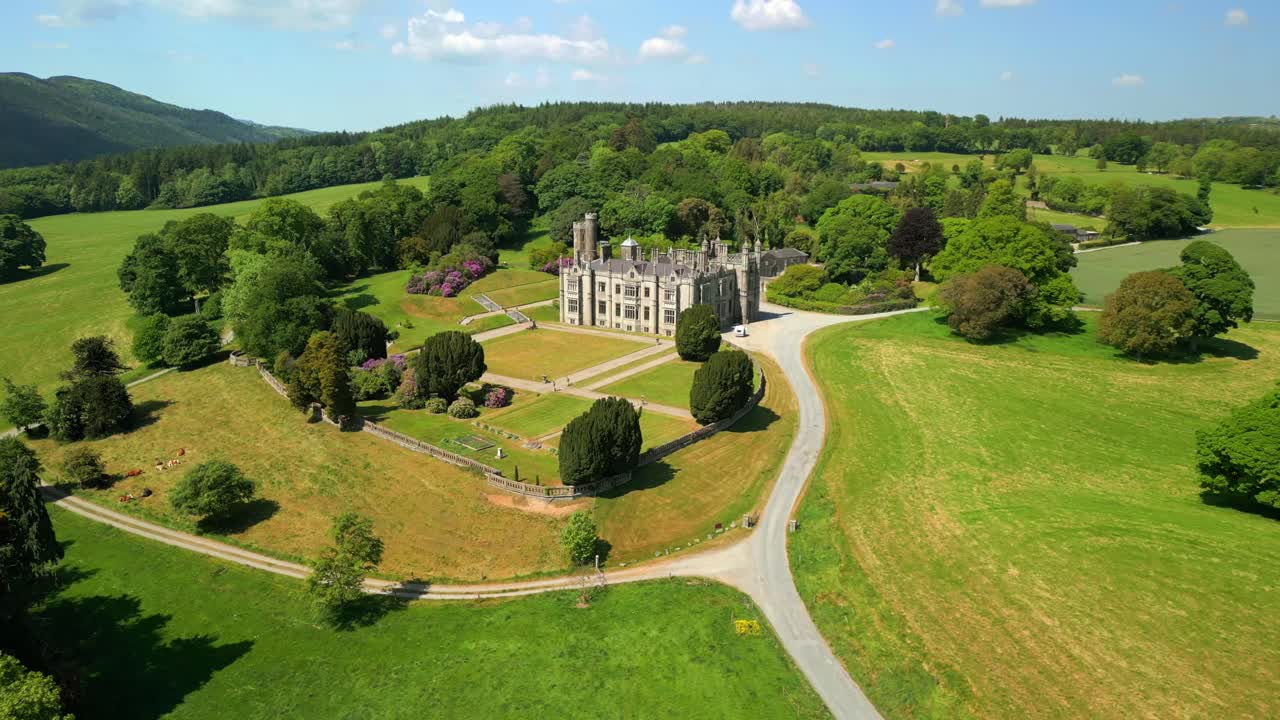 Reversing aerial video of Narrow Water Castle in Warrenpoint, County Down, Northern Ireland, UK on a bright and sunny day. Filmed in 4K, 60FPS and with Rec709 color.