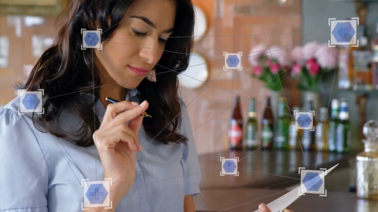 Using smartphone in cafe, woman with network connections and data processing animation