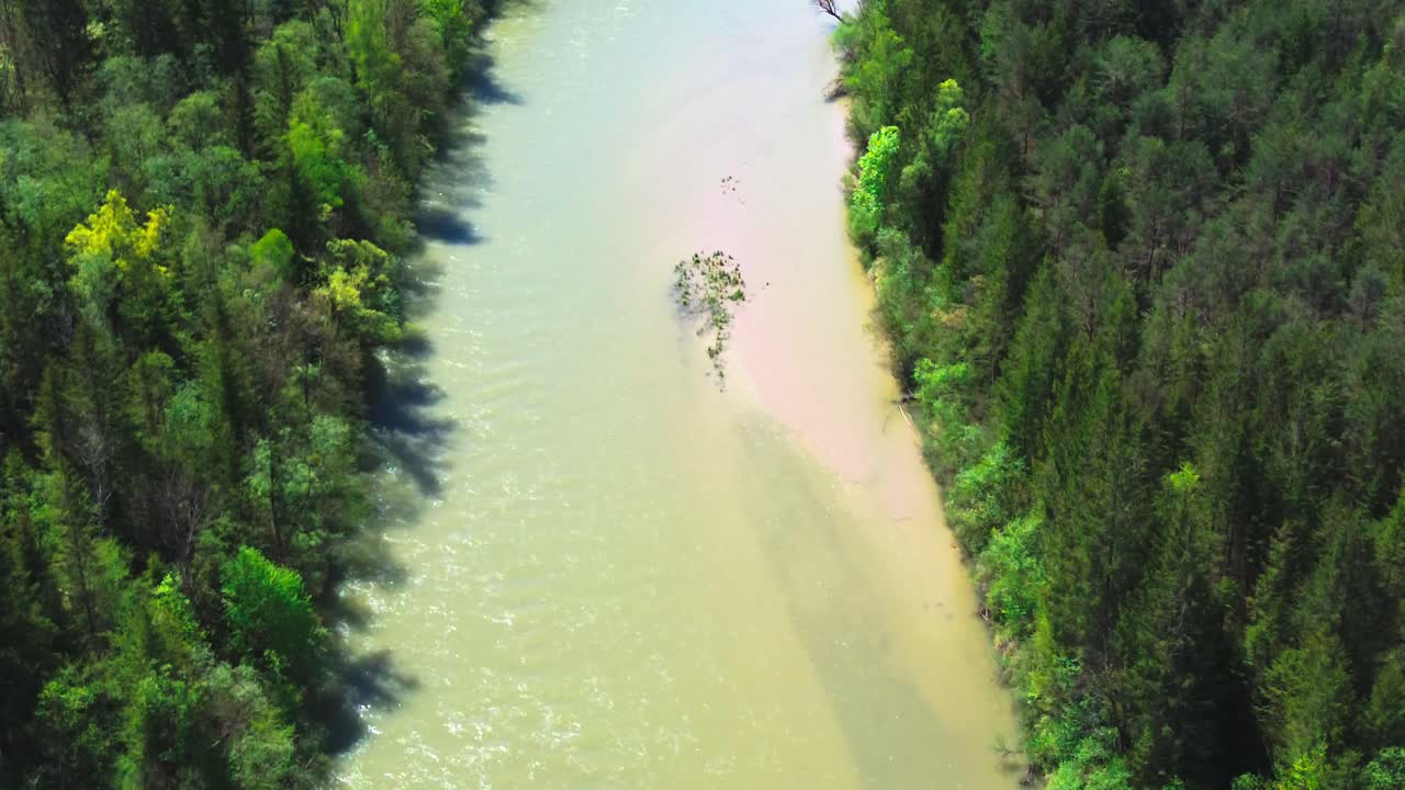 дрон летает над рекой и лесом 4k