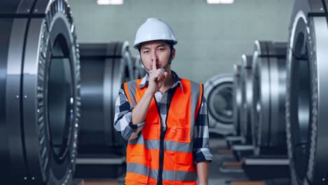 trabajador de la fábrica manteniendo el silencio