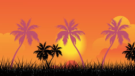 animación de palmeras sobre el sol en el cielo naranja