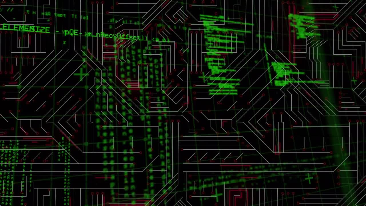 Digital animation of data processing against microprocessor connections on black background