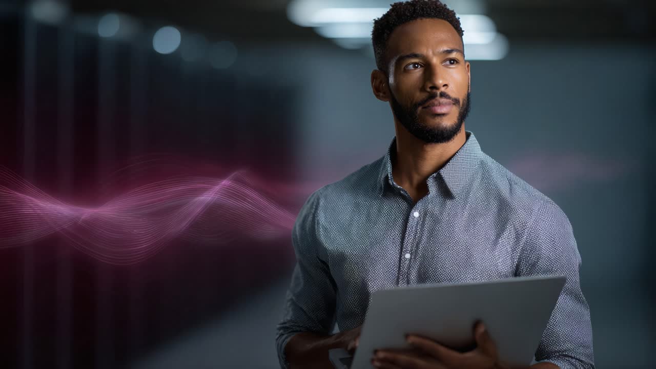 A focused individual stands in a dimly lit server room holding a laptop, lost in thought as digital waves symbolize data flow and technological insight
