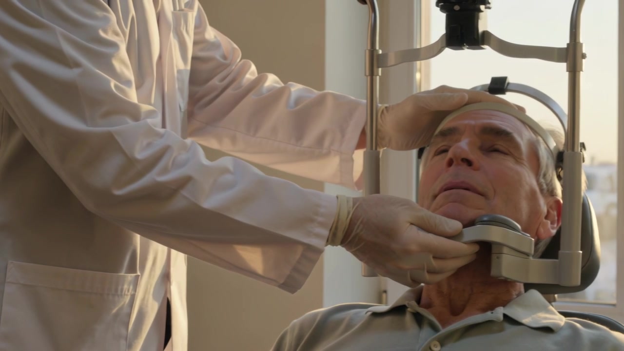 Médico de luvas entrando, acomodando paciente em cadeira de exame com apoio de queixo e testa para exame oftalmológico.