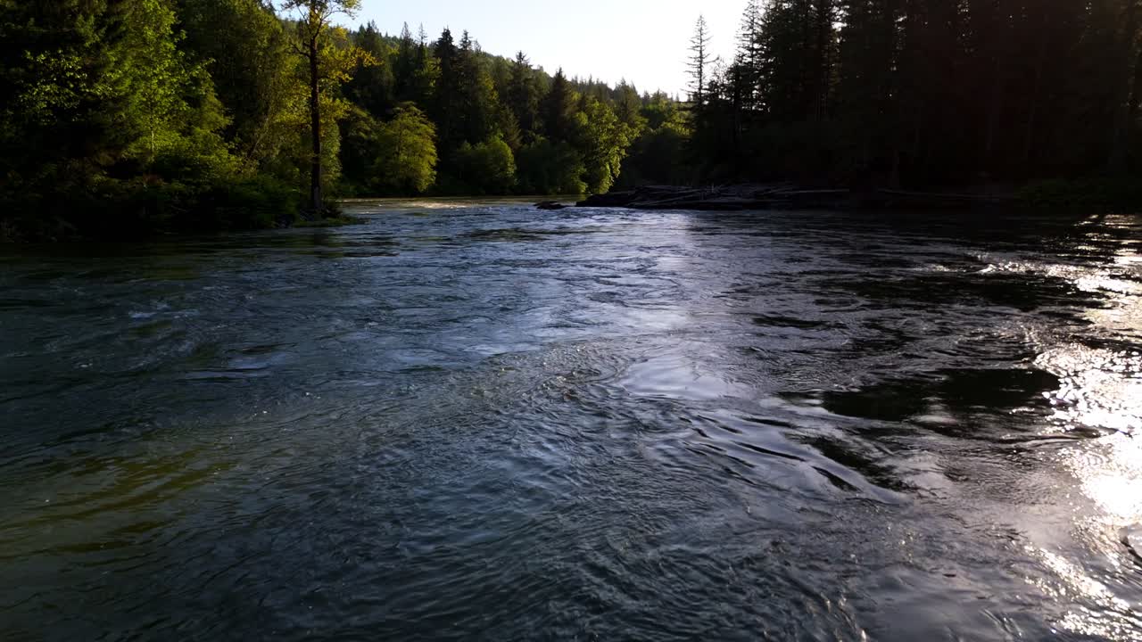Scenic shot gliding over smooth flowing Snoqualmie River in Evergreen Forest in Washington State