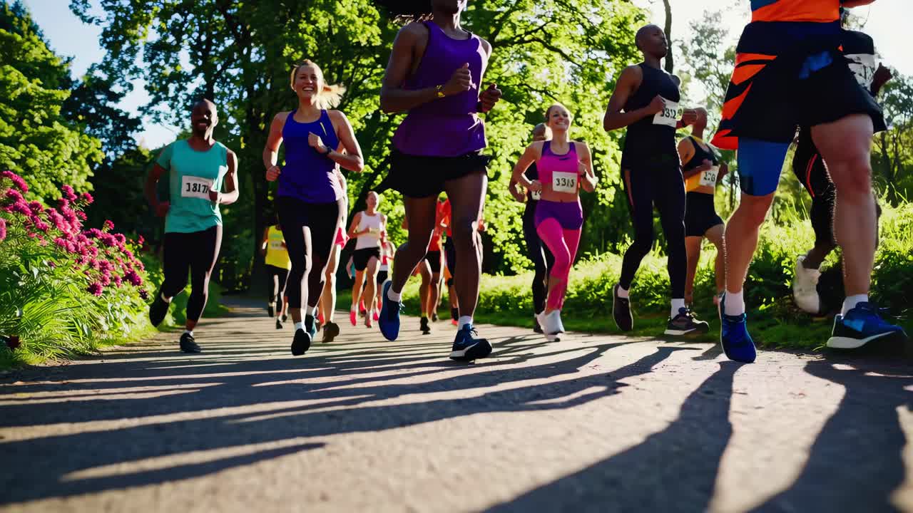 Gruppo eterogeneo di corridori che partecipano a una maratona in una giornata di sole