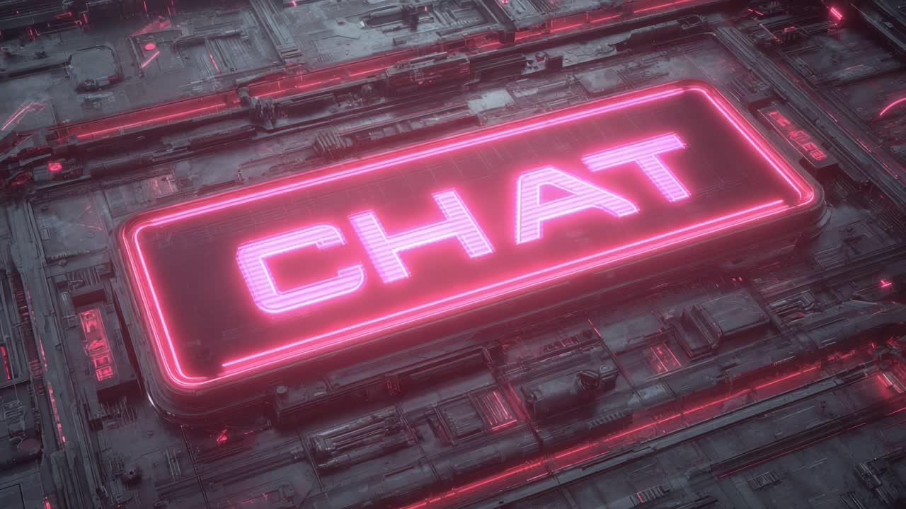 A captivating visual representation of digital communication, featuring the vibrant 'CHAT' display amid a futuristic, neon-lit interface showcasing advanced technology themes