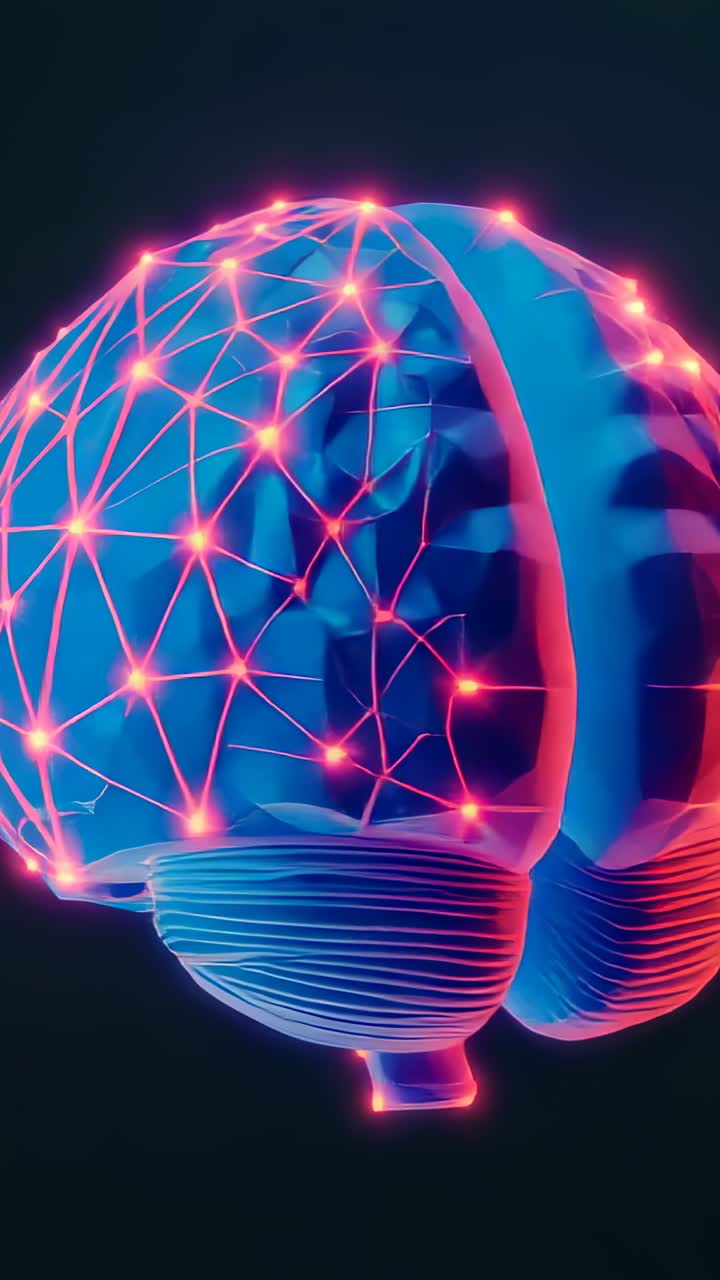 Vertical video: Playback starting 3D brain model rotating in void illustrating pulsing neon network
