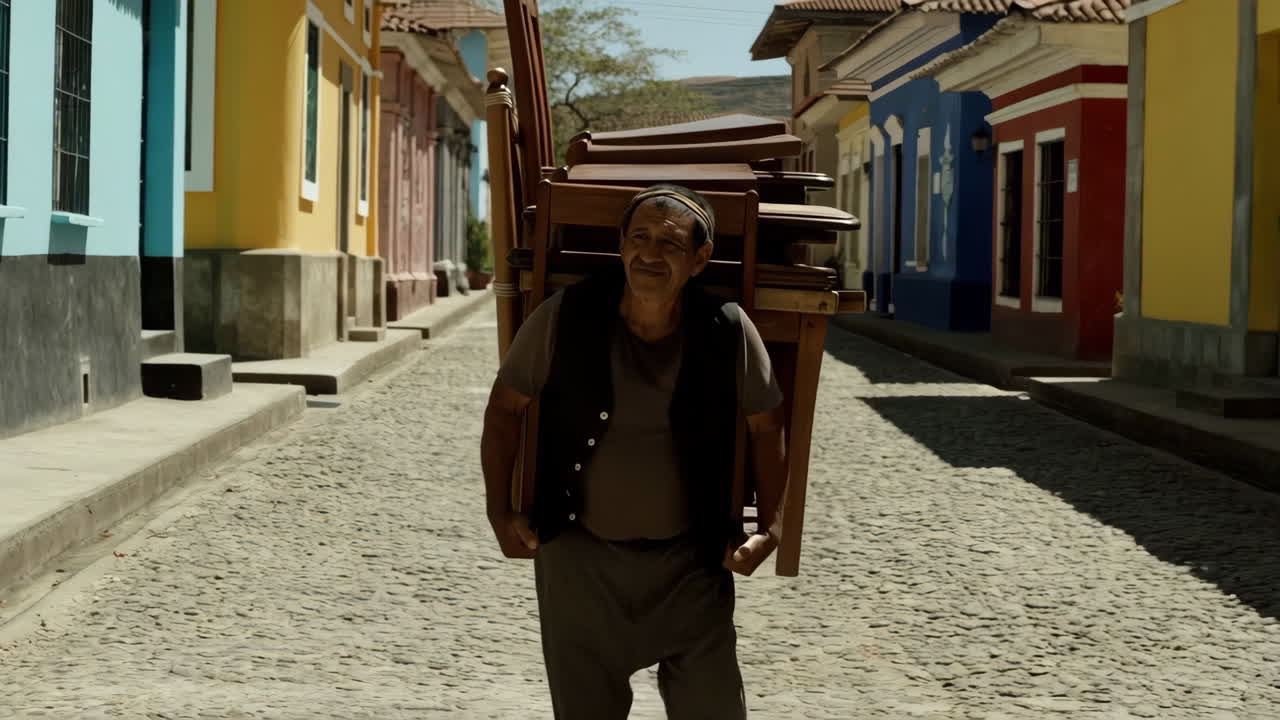 Man carrying a stack of chairs on a cobblestone street lined with colorful buildings