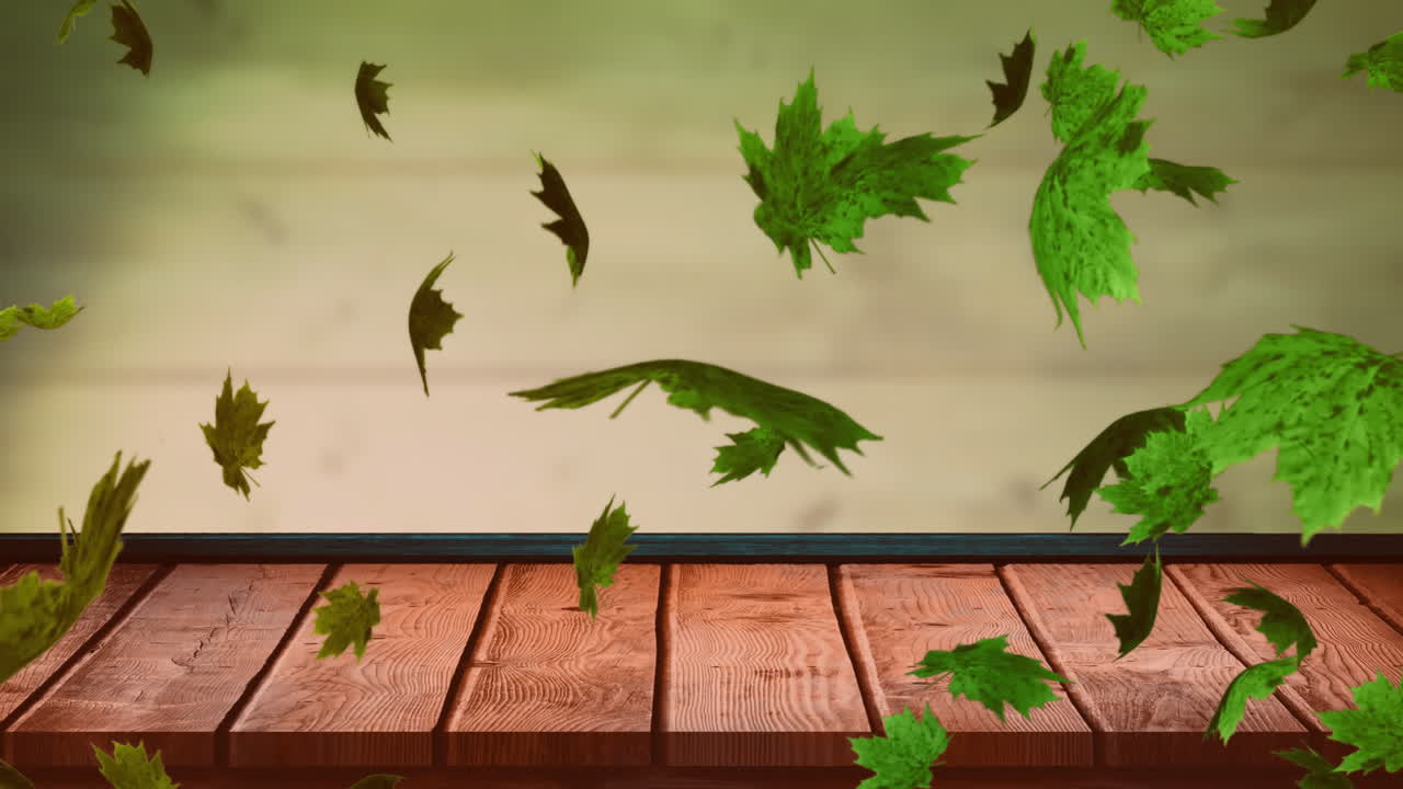 animación de hojas de otoño que caen sobre una superficie de madera y un fondo verde