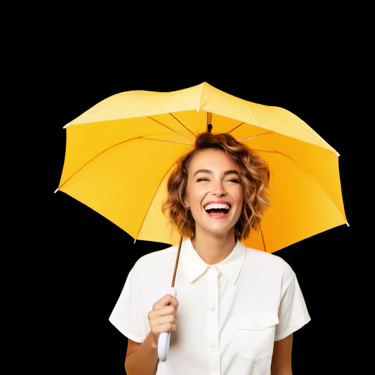 Joyful woman with yellow umbrella animation isolated asset, transparent 4K video, alpha channel