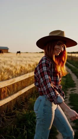 young woman walking on a dirt path through a golden wheat field at sunset