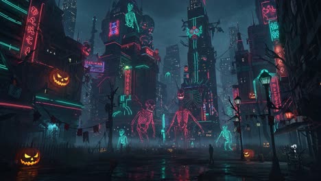a neon-lit metropolis comes alive in halloween splendor, featuring vibrant skeleton displays and spooky decorations amidst a mystical night sky