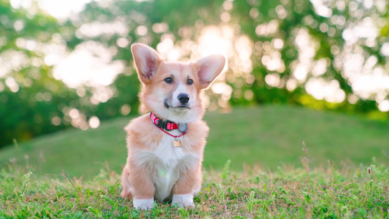 Lindo cachorro Corgi sentado en el césped verde de un parque