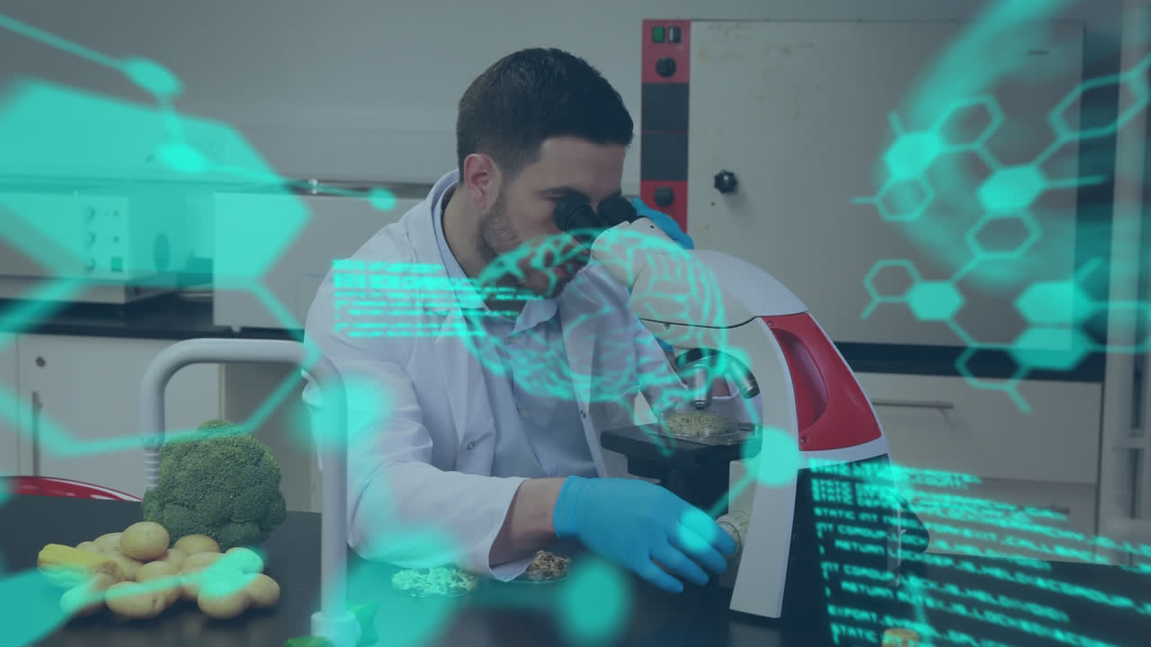 animación del procesamiento de datos, modelo digital del cerebro humano y moléculas sobre el médico que trabaja en el laboratorio