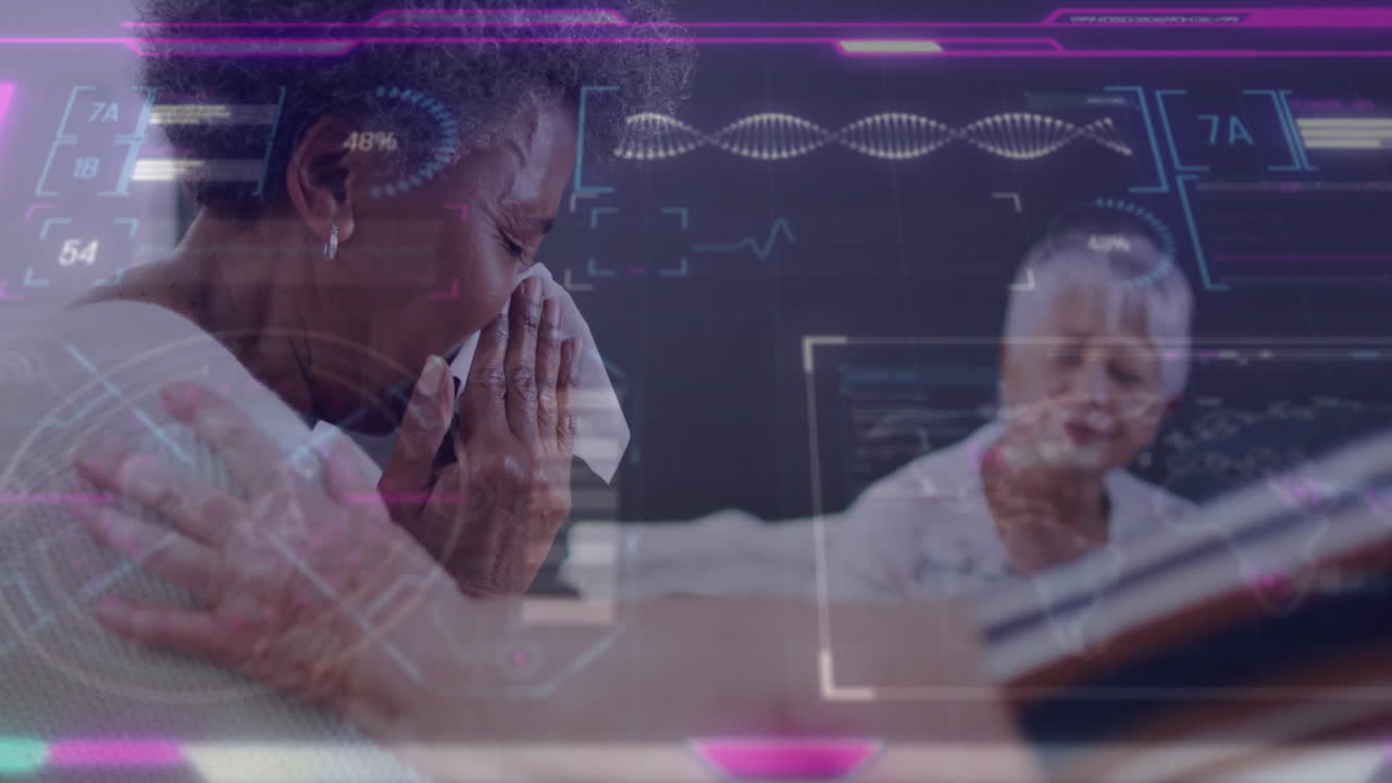 Senior woman pressing tissue while support group comforting, medical graphics showing DNA helix