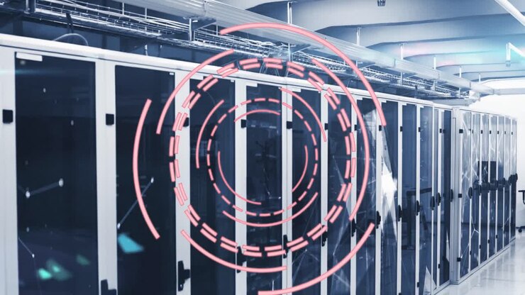 Animation of loading circles and connected dots forming geometric shapes over server room