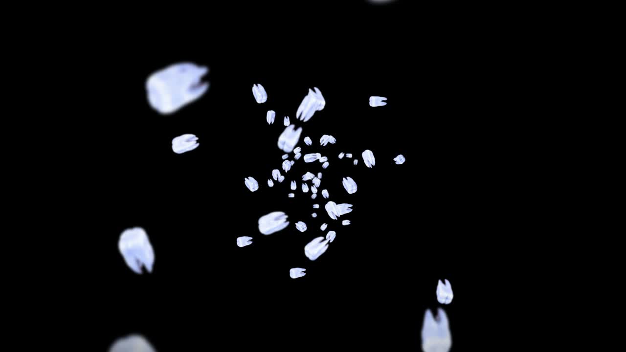 검은색 바탕에 많은  이빨을 날아다니며, 치과 관리 개념, 치아 회전의 3d 애니메이션, 루프 애니메이션.