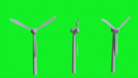 A-looping-video-of-turning-wind-turbines-on-green-background