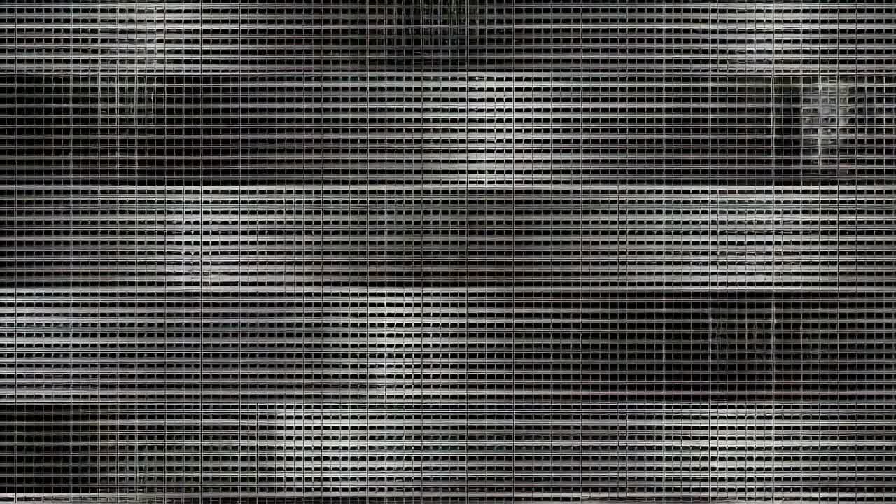 Displaying metal mesh screen responding to shifting light patterns in close-up, subtle motion