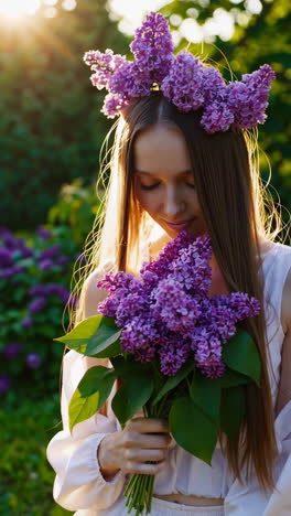 young woman with a lilac flower crown and bouquet in a sunlit garden