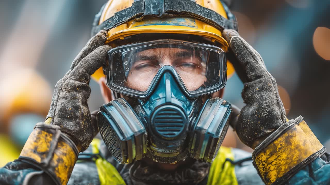 A dedicated worker prepares for safety on-site, wearing a protective helmet, goggles, and a gas mask while demonstrating focus and readiness in a challenging environment