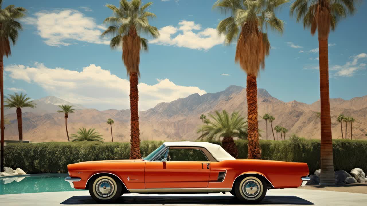 Vintage car parked by a pool with palm trees and mountains in the background