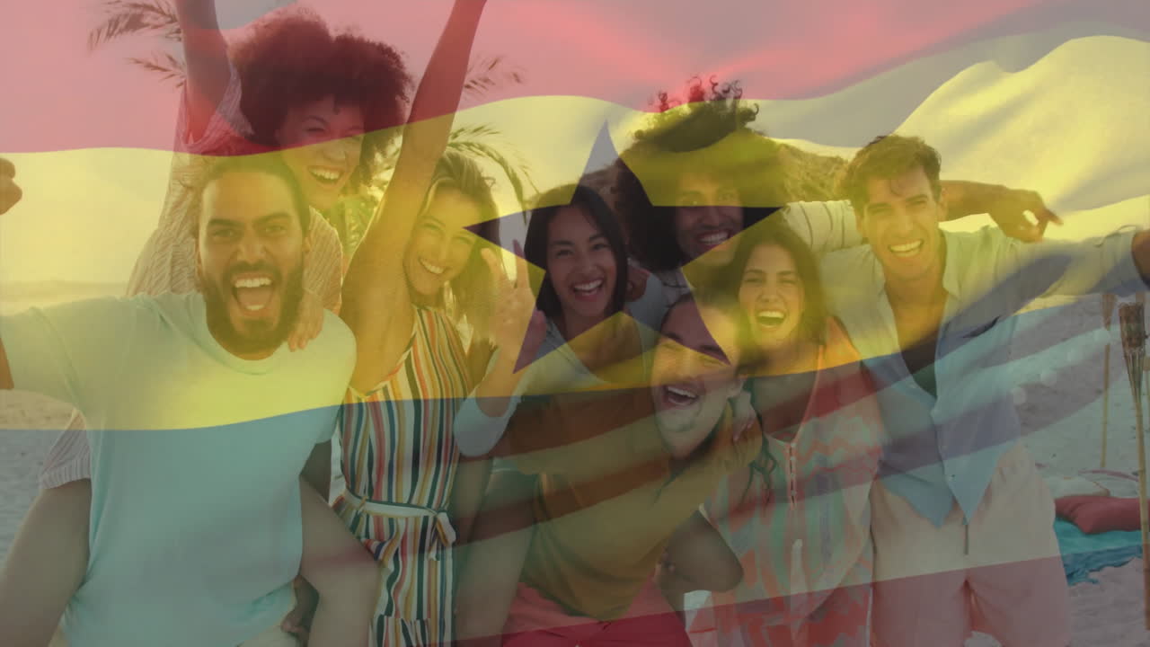 Laughing friends with Ghana flag animation overlay, smiling and joyful faces