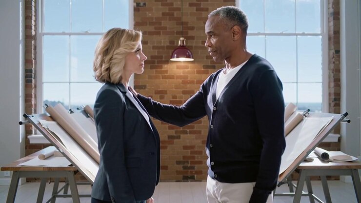Entering man touching woman's shoulder greeting in businesswear and shaking hand in loft with plans