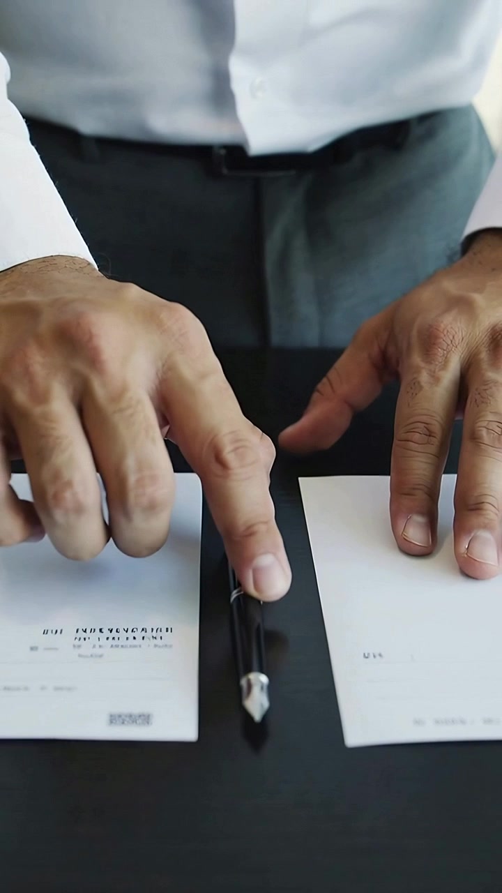 Vertical video: After placing docs flat, man in shirt nudging pen to right doc, preparing to sign