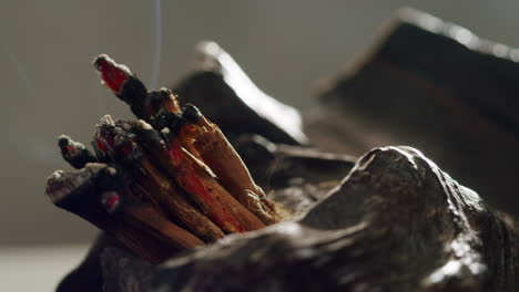 person holding palo santo wood stick in hand, aromatic palo santo burning on black background, smoke spreading around, slow motion video clip, high quality 4k close up footage. high quality 4k footage