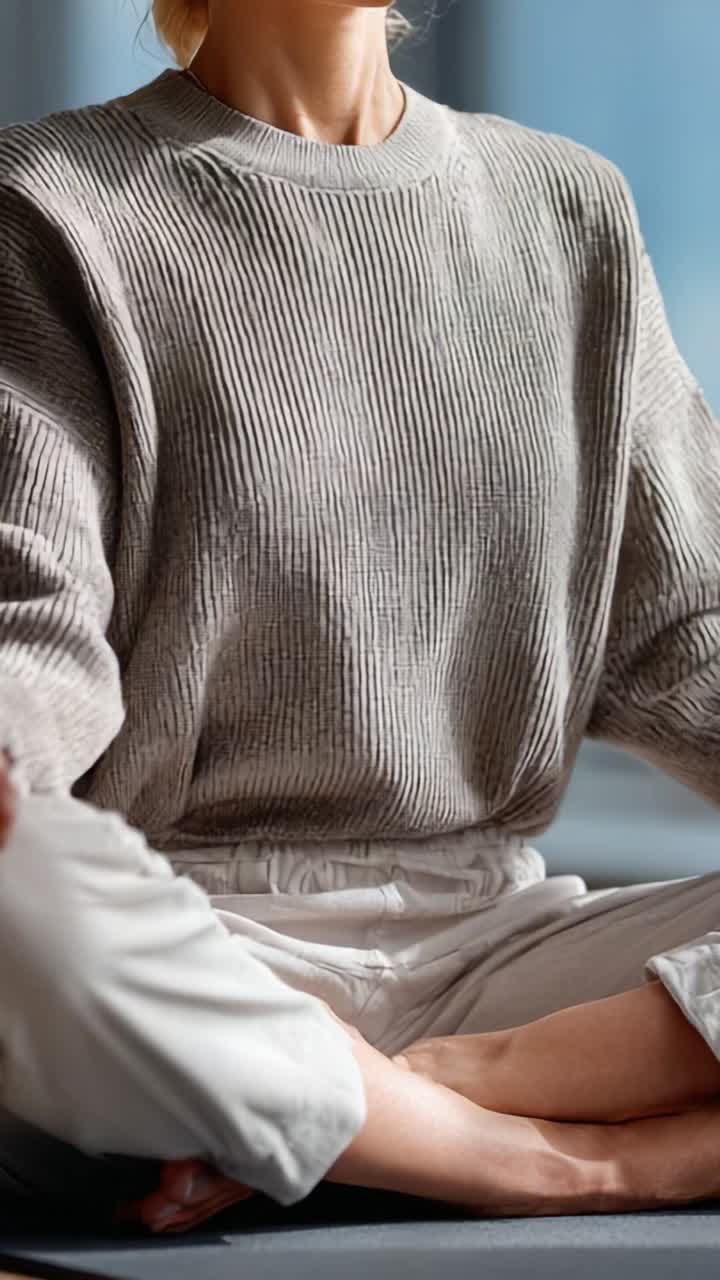 Fredfyldte meditationsøjeblikke: En rolig person i en blød sweater fordybet i mindfulness og indre refleksion