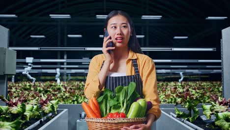 una agricultora asiática sonriente con una canasta de verduras hablando por teléfono móvil en una granja inteligente