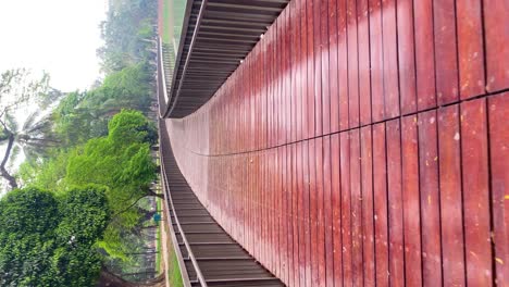 person pov walking on a red, wet, wooden path over a lake, captured in a stunning vertical shot