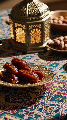 ramadan iftar table with dates and lantern