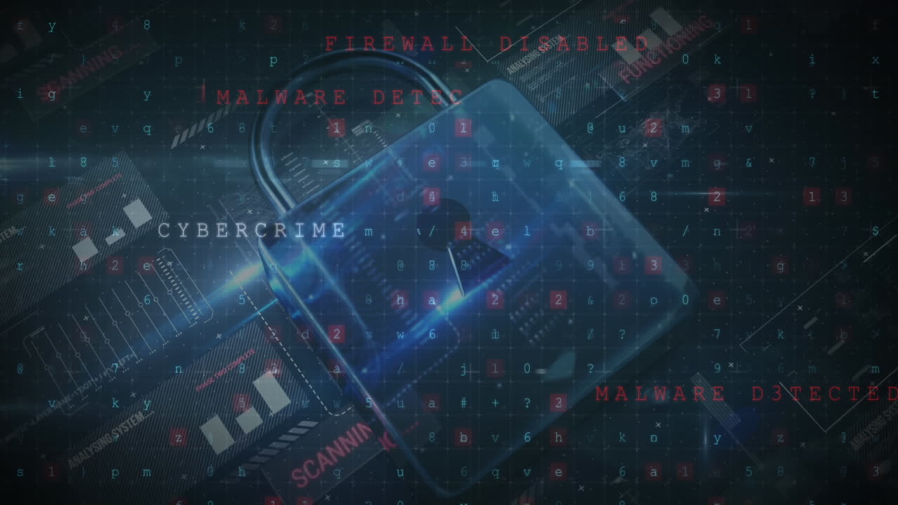 animación del icono del candado de seguridad y procesamiento de datos de ciberseguridad contra un fondo negro