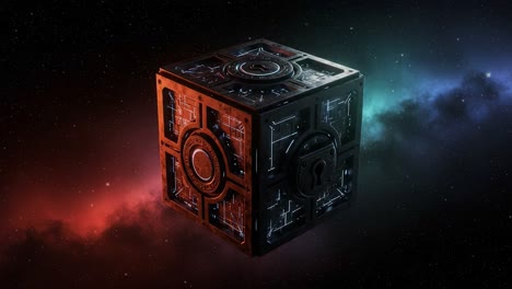 a mysterious sci-fi cube hovering in space: exploring the intricacies of a complex structure surrounded by a colorful cosmic background