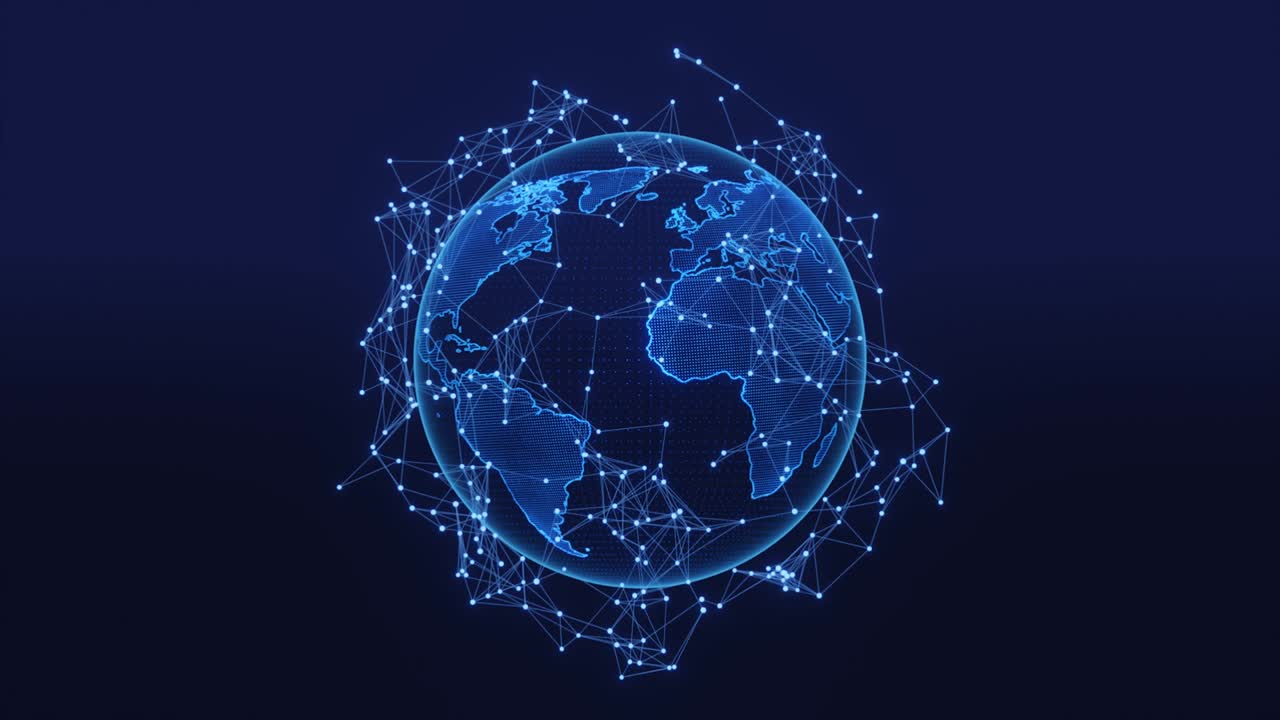Tech earth globalization in 3d animation. Global Business dots on rotating planet.