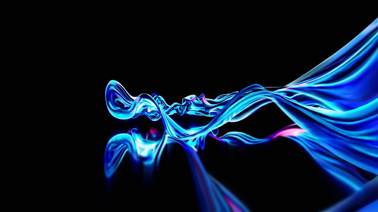 Dynamic abstract video of flowing blue and pink ribbons on a reflective surface