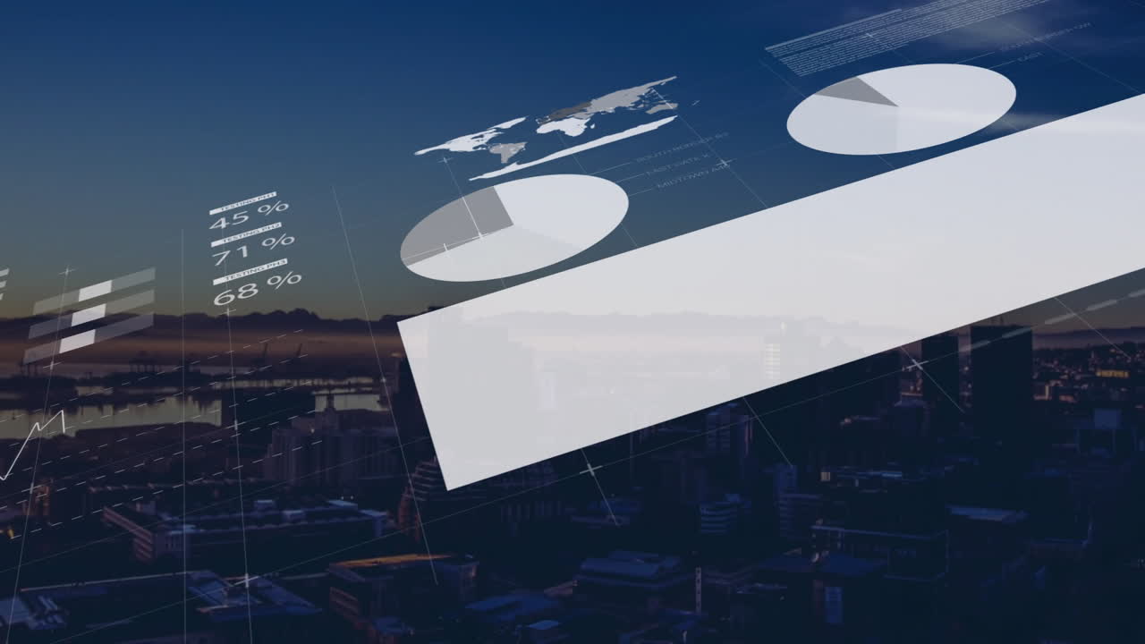 Futuristic UI overlay displaying pie charts and slanted data panel floating over city skyline