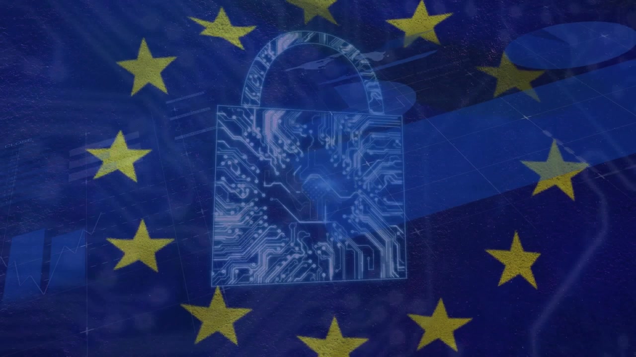 Lucchetto debole che appare vicino al centro illuminandosi, mostrando circuiti e un bagliore pulsante per la sicurezza dell'UE