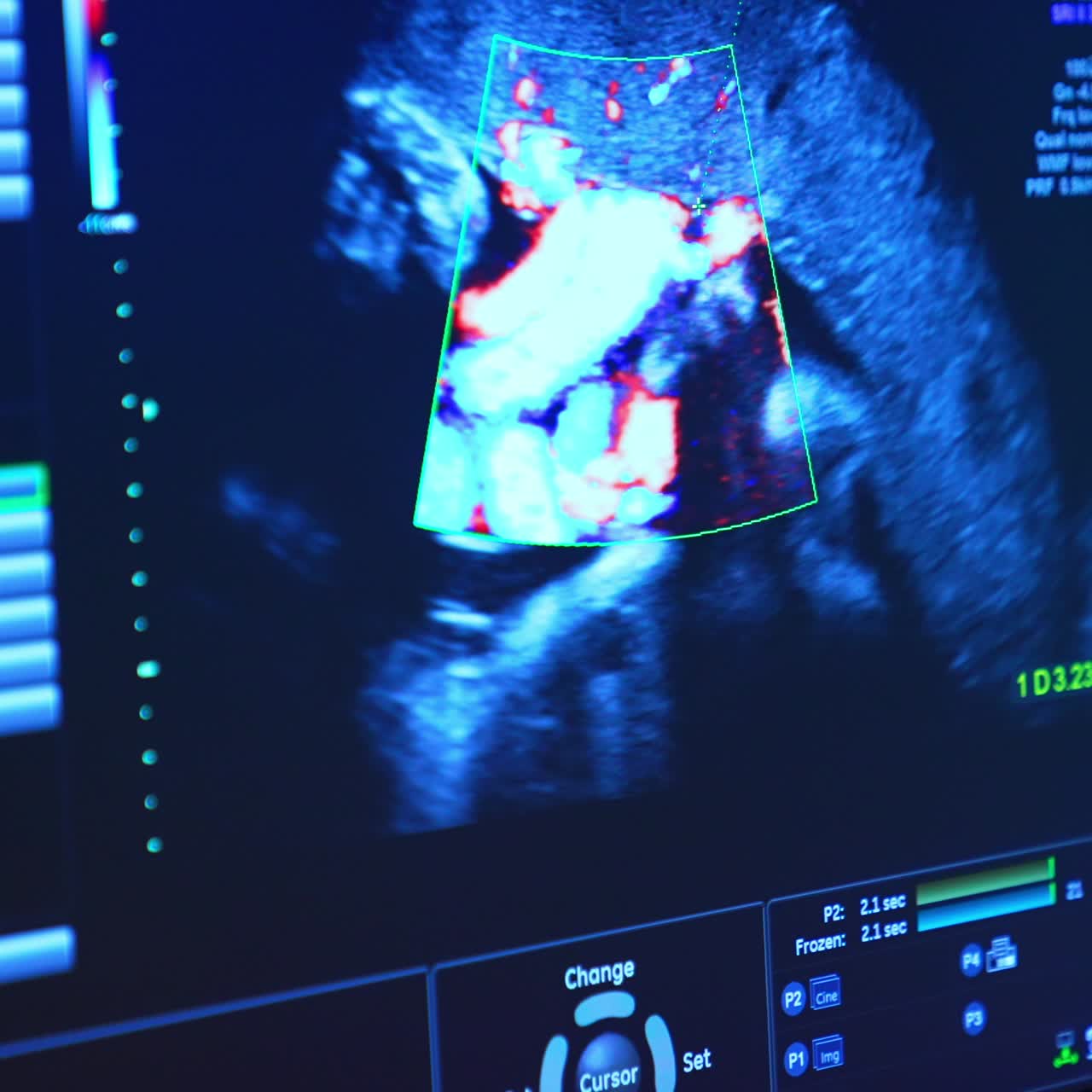 Monitor blu che mostra il movimento del bambino nel ventre della madre. Primo piano. Ecografia di una gravidanza.