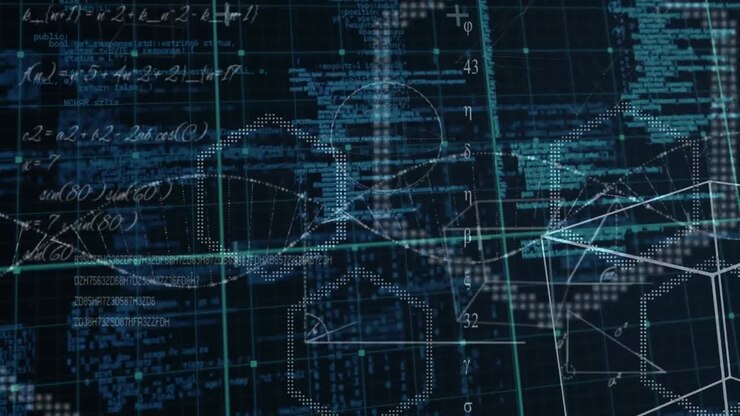 Animation of equations, formulae and geometry over processing data on black background