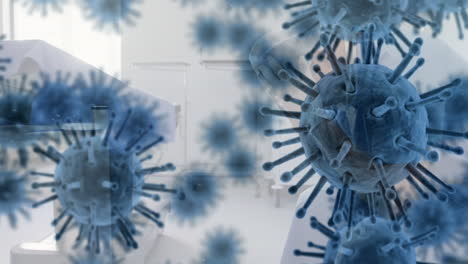 animación de la propagación del coronavirus covid19 con un trabajador de la salud en el fondo