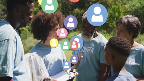 animation of people icons over happy african american family picking up rubbish in countryside