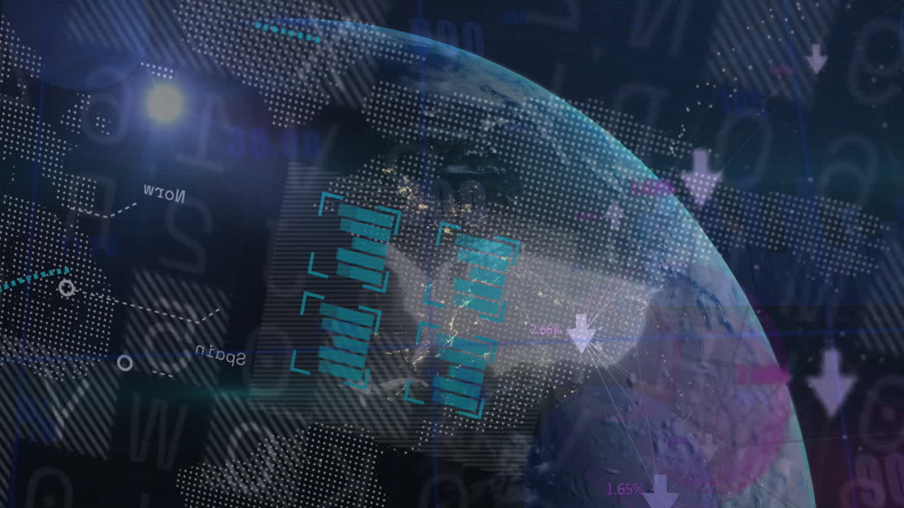 Animation of financial data processing and globe on black background