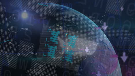 animación del procesamiento de datos financieros y globo sobre fondo negro